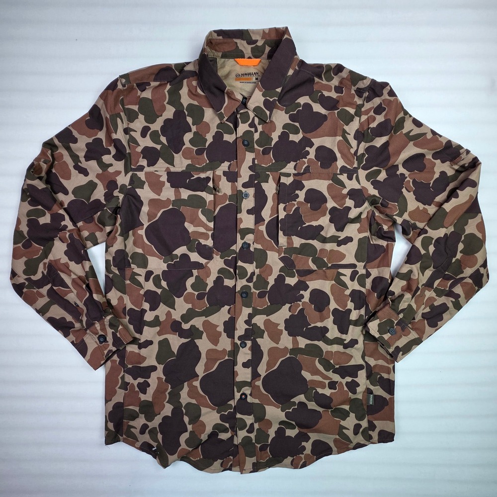Magellan Outdoors Hunt Gear Mens Medium Brown Duck Camo Ripstop Fishing Shirt M